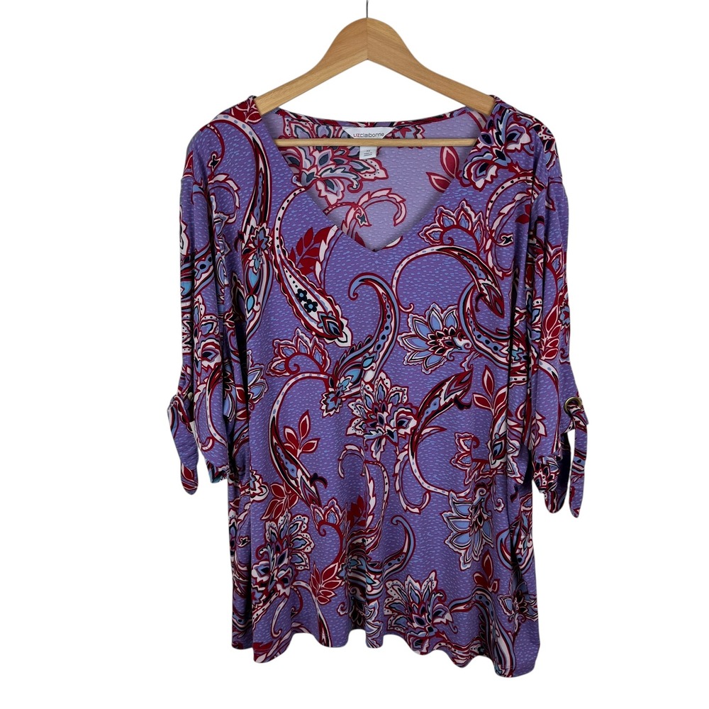 Liz Claiborne Womens Paisley Blouse Size 3X Purple Stretch Comfort Office Casual